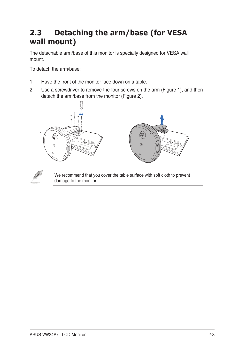 3 detaching the arm/base (for vesa wall mount), Detaching.the.arm/base.(for.vesa.wall.mount) -3 | Asus VW24ATLR User Manual | Page 17 / 26