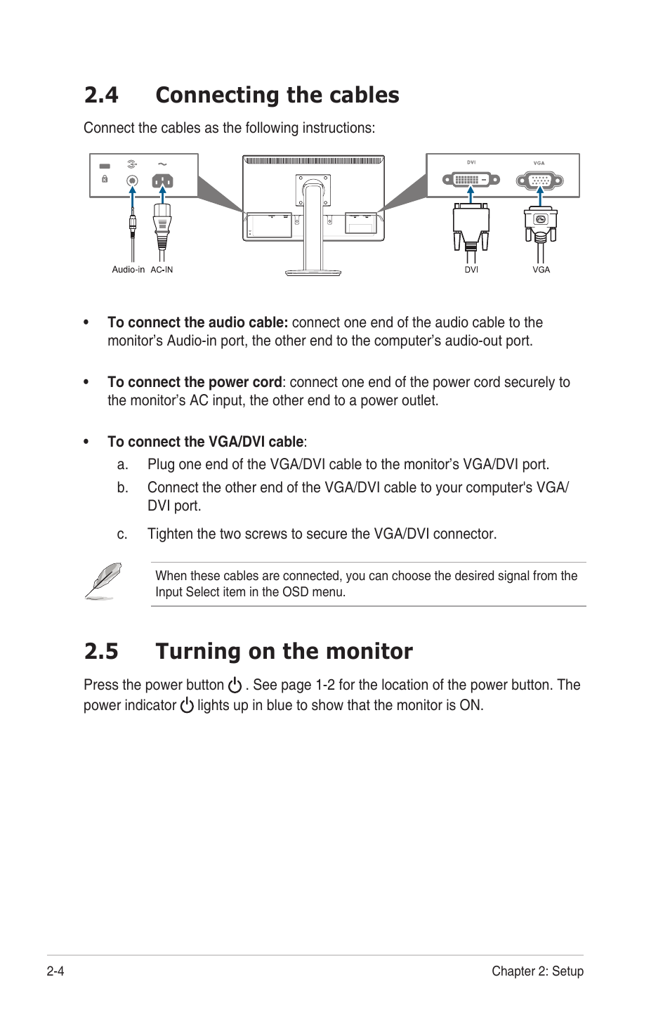 4 connecting the cables, 5 turning on the monitor, Connecting.the.cables -4 | Turning.on.the.monitor -4 | Asus VW24ATLR User Manual | Page 18 / 26