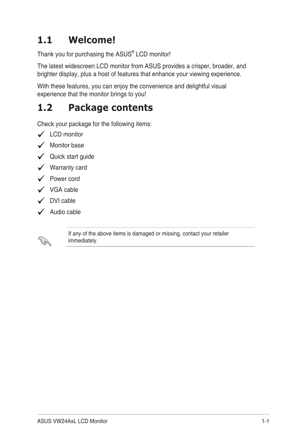 Chapter 1: product introduction, 1 welcome, 2 package contents | Chapter.1:.....product.introduction, Welcome! -1, Package.contents -1 | Asus VW24ATLR User Manual | Page 9 / 26