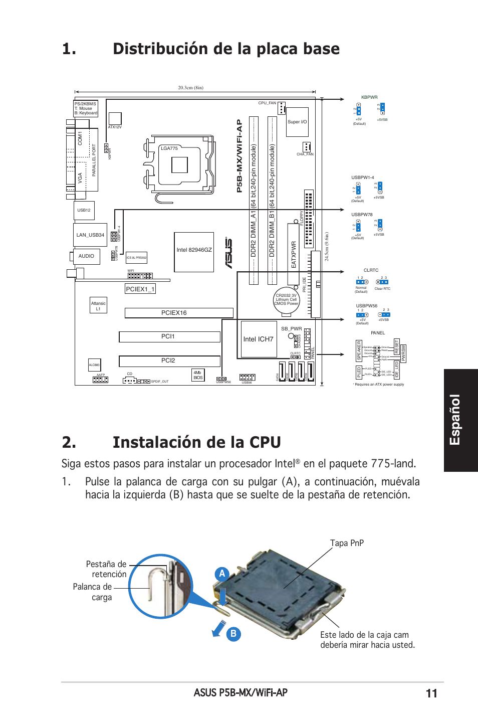Español, Siga estos pasos para instalar un procesador intel, Asus p5b-mx/wifi-ap | P5b-mx/wifi-ap, Intel ich7 | Asus P5B-MX/WIFI-AP User Manual | Page 11 / 38