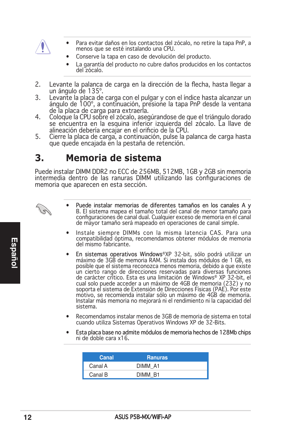 Español | Asus P5B-MX/WIFI-AP User Manual | Page 12 / 38