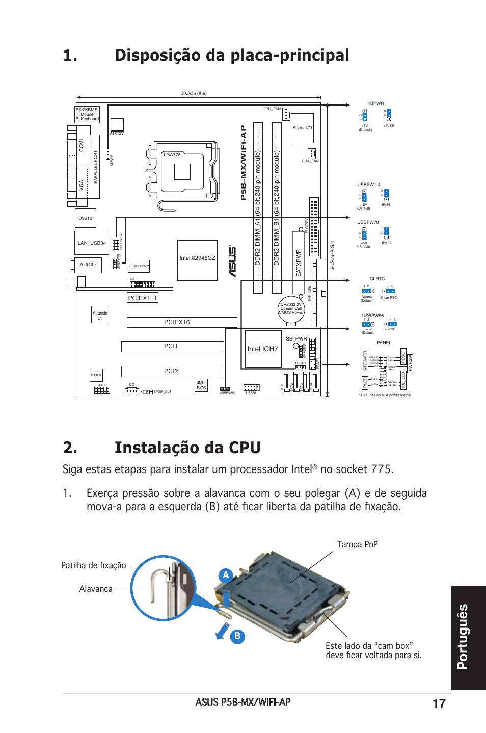 Disposição da placa-principal 2. instalação da cpu, Português, Asus p5b-mx/wifi-ap | Ab b, P5b-mx/wifi-ap, Intel ich7 | Asus P5B-MX/WIFI-AP User Manual | Page 17 / 38