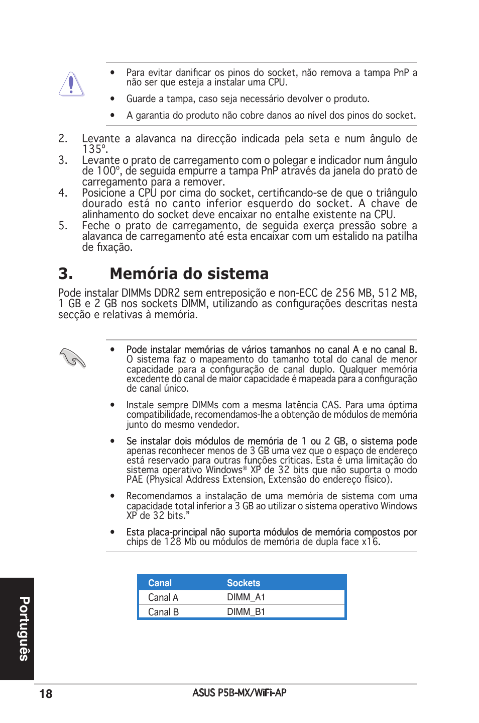 Memória do sistema, Português | Asus P5B-MX/WIFI-AP User Manual | Page 18 / 38