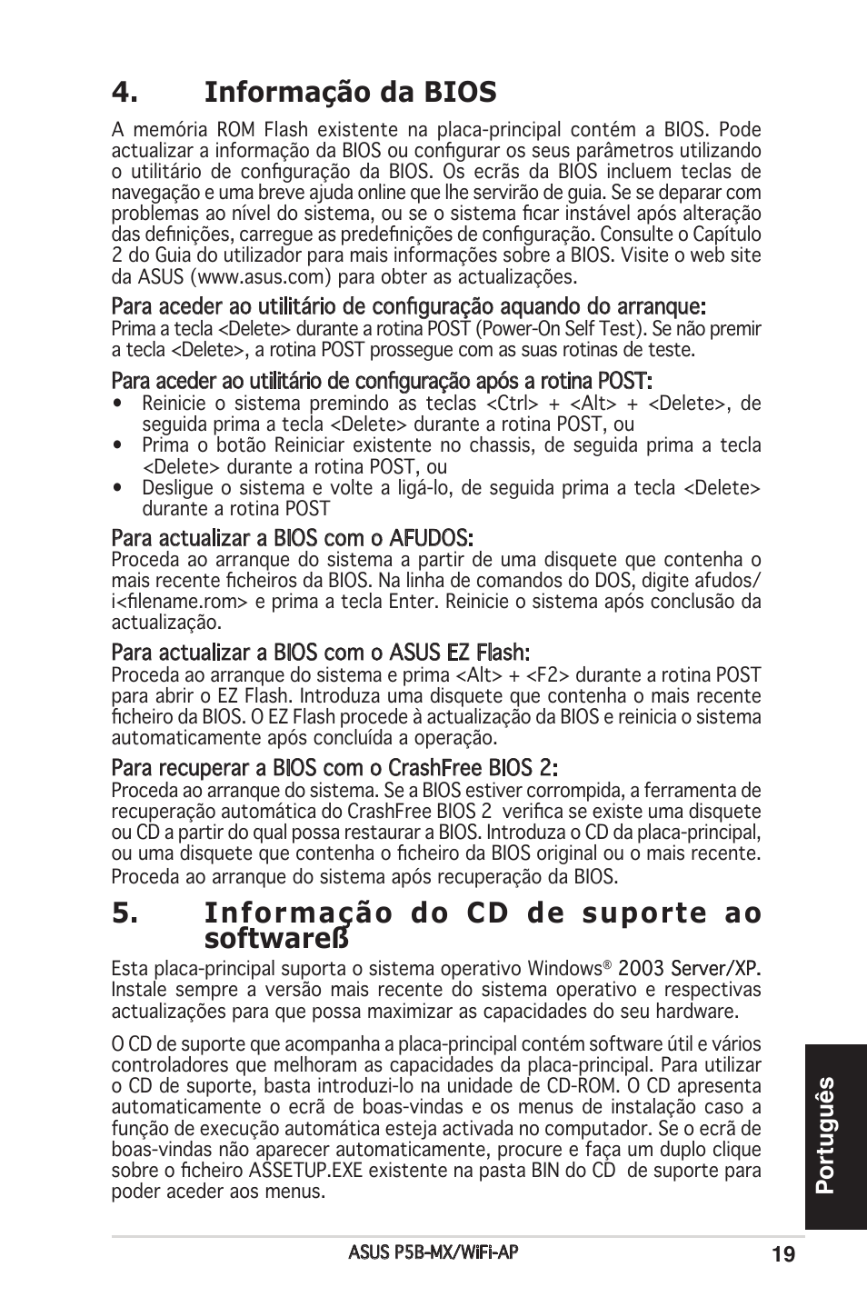 Informação da bios, Informação do cd de suporte ao softwareß, Português | Asus P5B-MX/WIFI-AP User Manual | Page 19 / 38