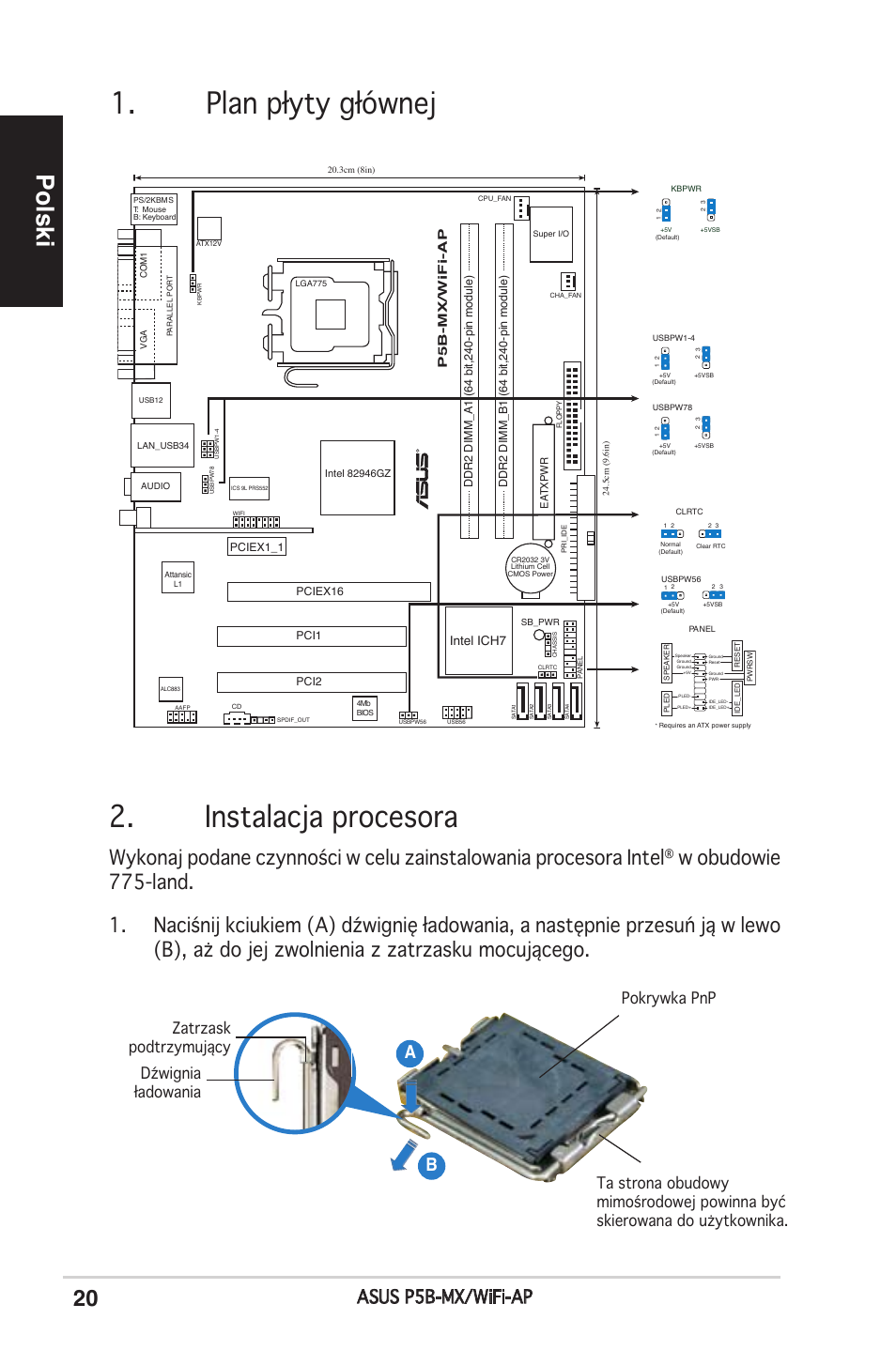 Plan płyty głównej 2. instalacja procesora, Polski, Asus p5b-mx/wifi-ap | P5b-mx/wifi-ap, Intel ich7 | Asus P5B-MX/WIFI-AP User Manual | Page 20 / 38