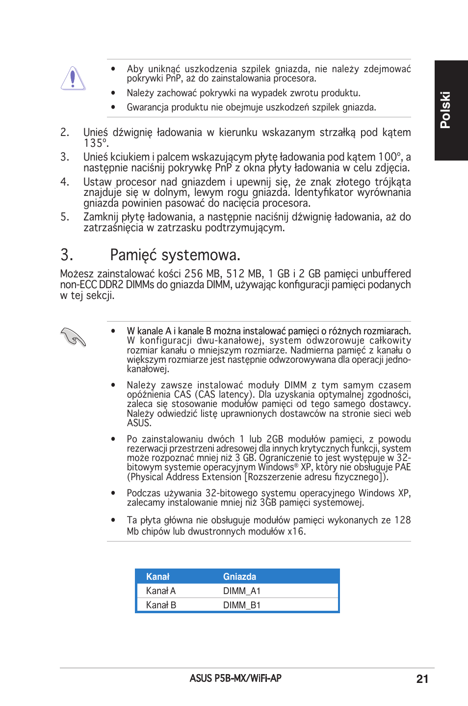 Pamięć systemowa, Polski | Asus P5B-MX/WIFI-AP User Manual | Page 21 / 38