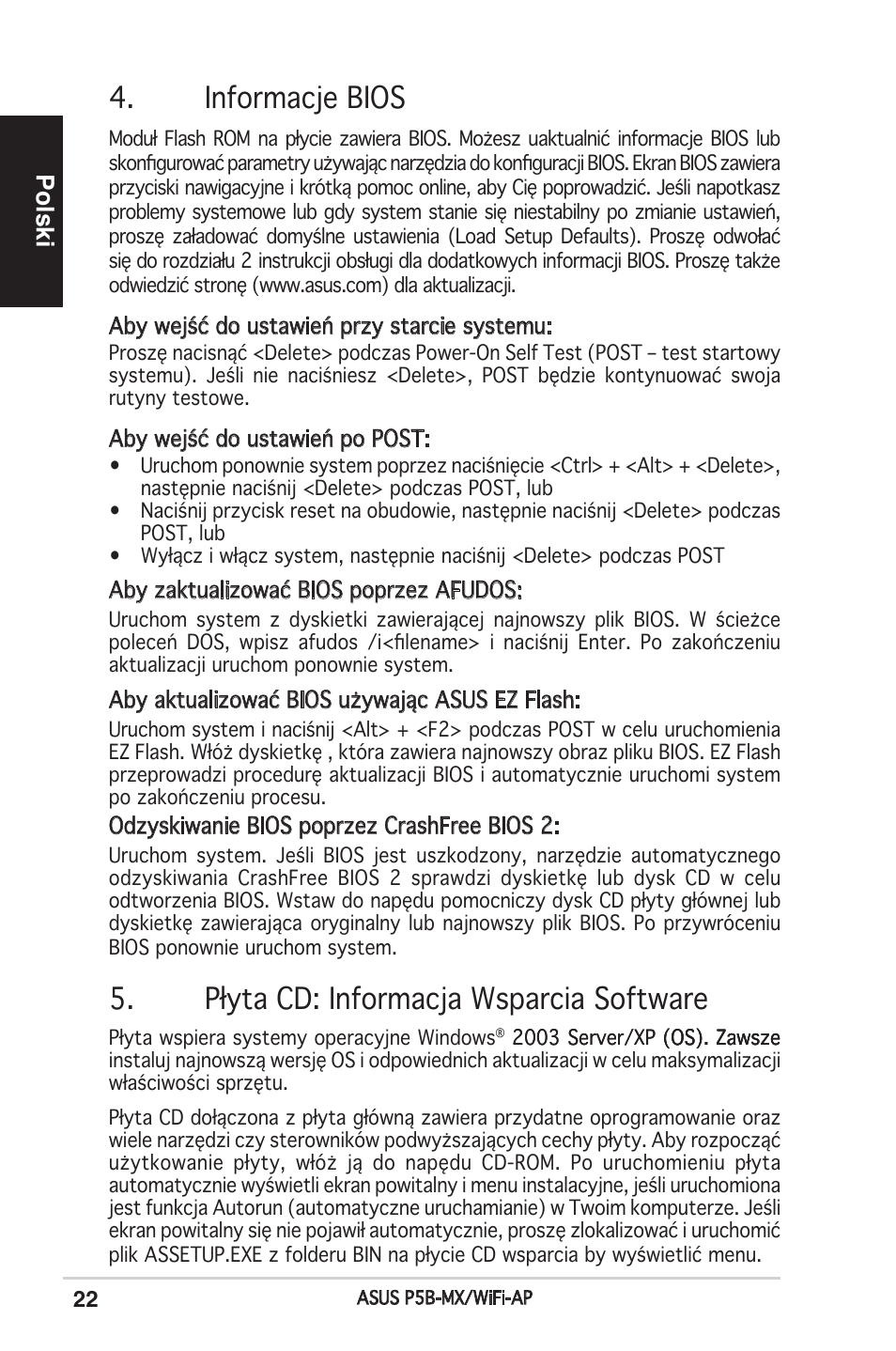 Informacje bios, Płyta cd: informacja wsparcia software, Polski | Asus P5B-MX/WIFI-AP User Manual | Page 22 / 38