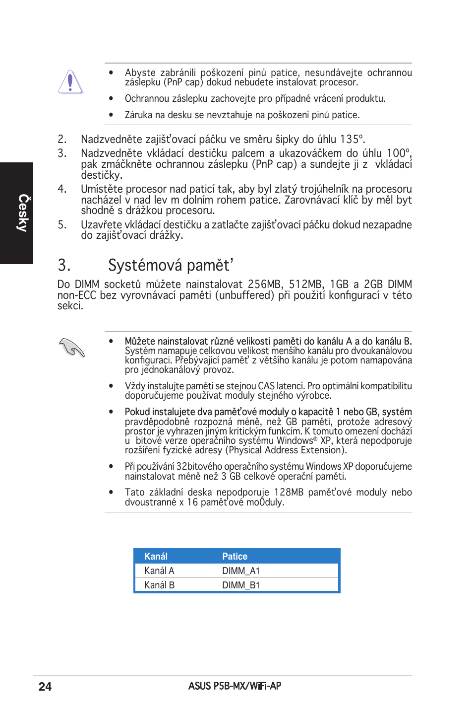 Systémová pamět, Česky | Asus P5B-MX/WIFI-AP User Manual | Page 24 / 38