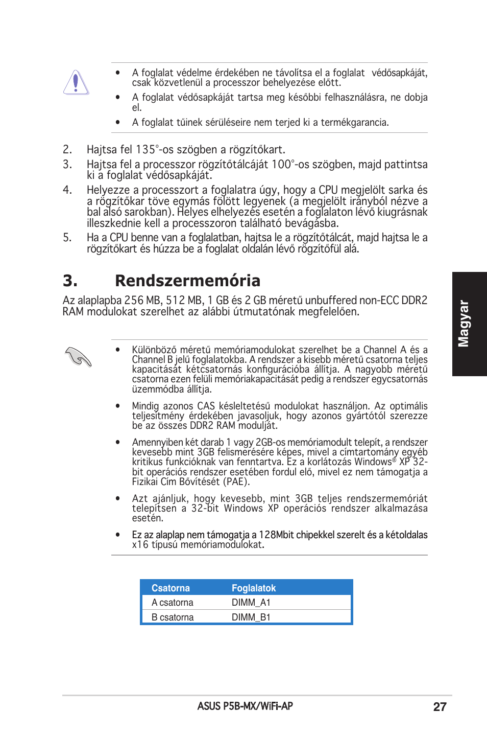 Rendszermemória, Magyar | Asus P5B-MX/WIFI-AP User Manual | Page 27 / 38