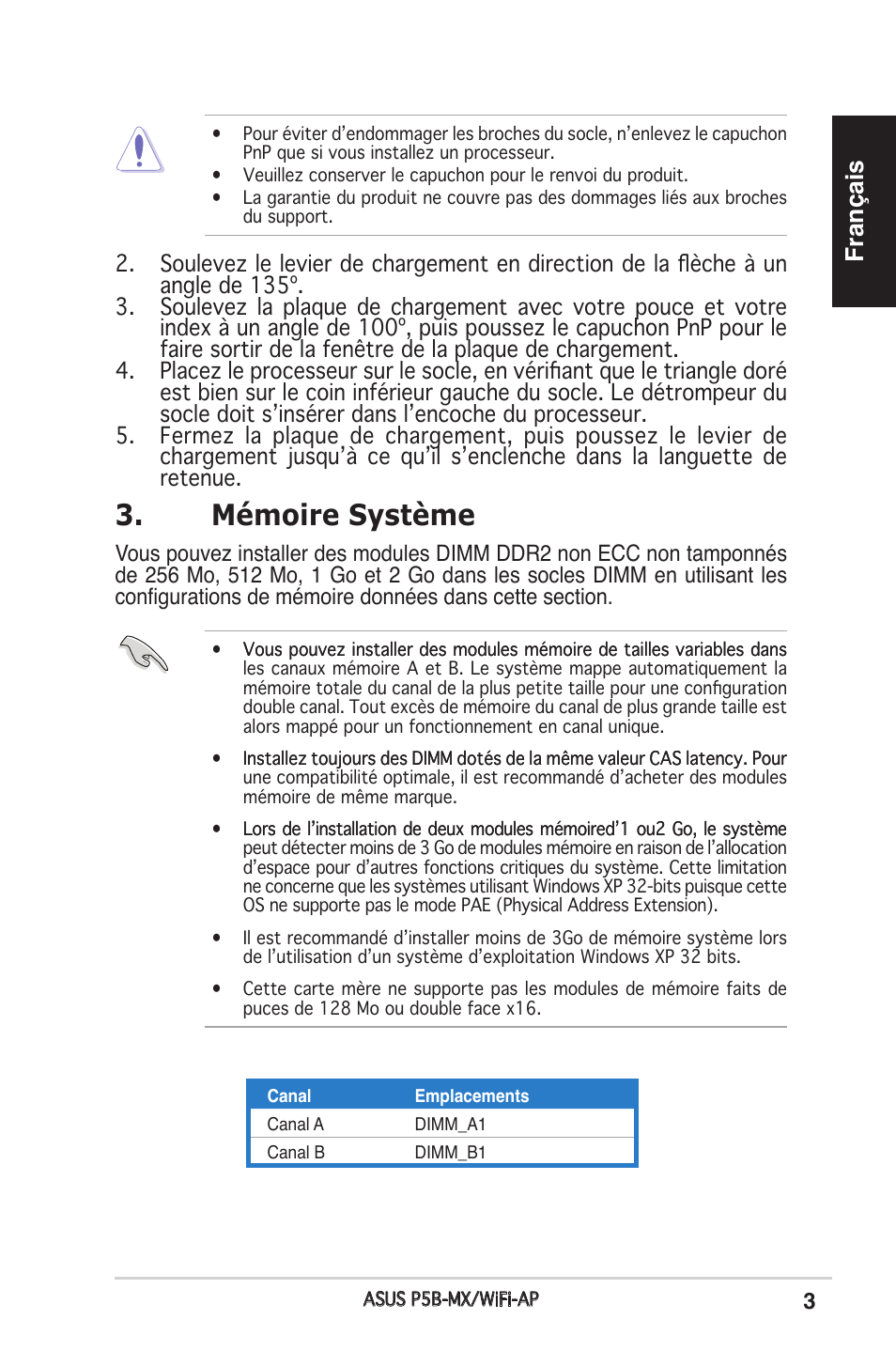 Mémoire système, Français | Asus P5B-MX/WIFI-AP User Manual | Page 3 / 38