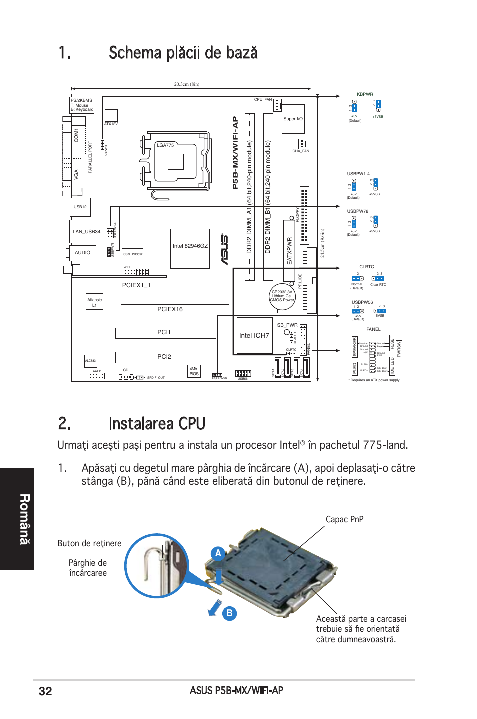 Schema plăcii de bază 2. instalarea cpu, Română, Asus p5b-mx/wifi-ap | P5b-mx/wifi-ap, Intel ich7 | Asus P5B-MX/WIFI-AP User Manual | Page 32 / 38