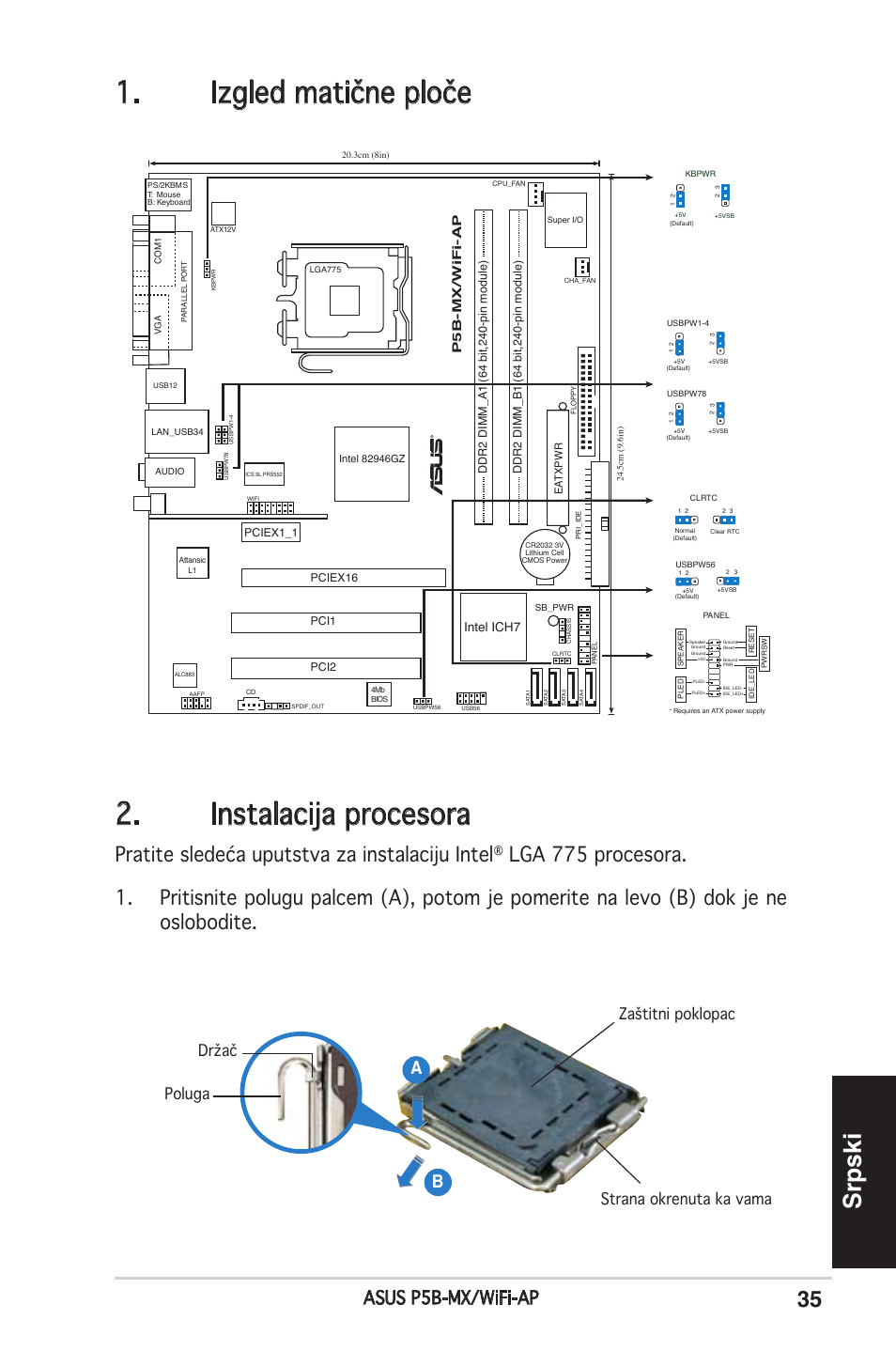 Izgled matične ploče 2. instalacija procesora, Srpski, Pratite sledeća uputstva za instalaciju intel | Asus p5b-mx/wifi-ap, Ab b, P5b-mx/wifi-ap, Intel ich7 | Asus P5B-MX/WIFI-AP User Manual | Page 35 / 38