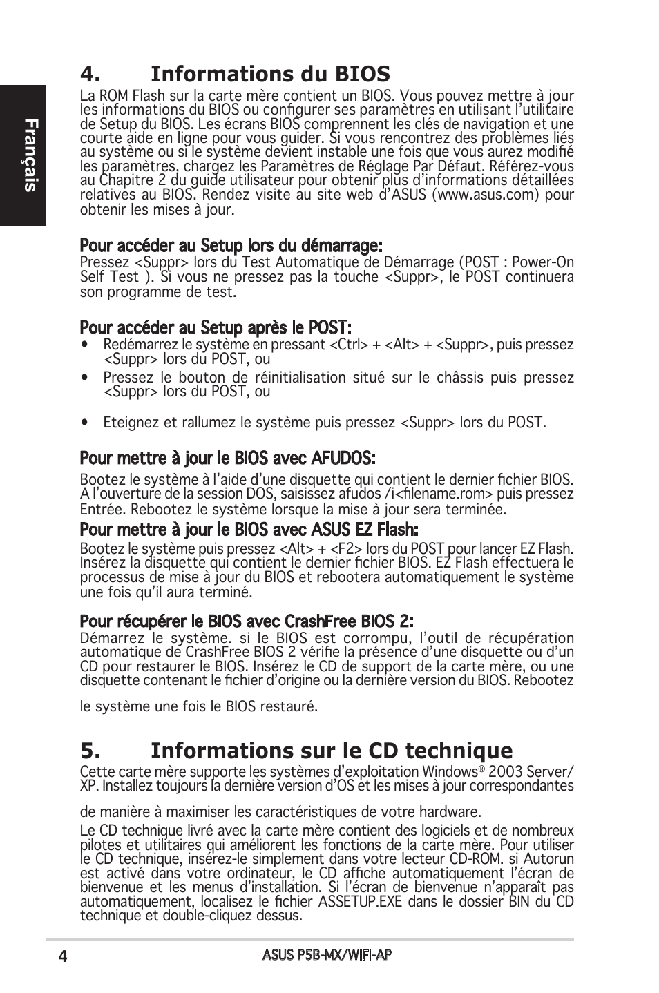 Informations du bios, Informations sur le cd technique, Français | Asus P5B-MX/WIFI-AP User Manual | Page 4 / 38