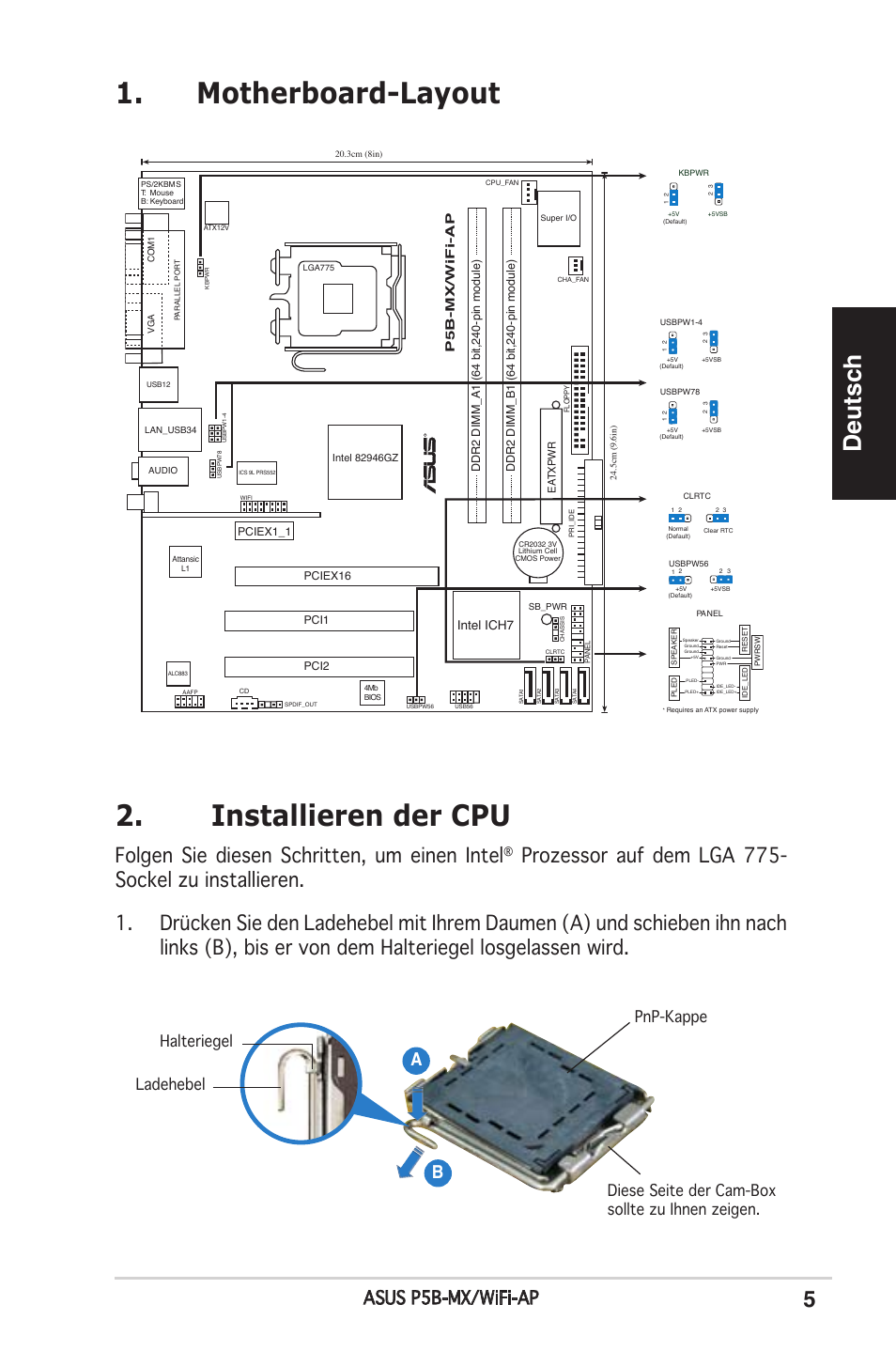 Motherboard-layout 2. installieren der cpu, Deutsch, Folgen sie diesen schritten, um einen intel | Asus p5b-mx/wifi-ap, Pb-mx/wifi-ap, Intel ich7 | Asus P5B-MX/WIFI-AP User Manual | Page 5 / 38