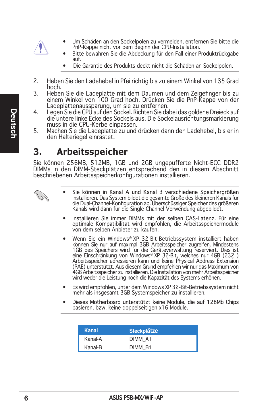 Arbeitsspeicher, Deutsch | Asus P5B-MX/WIFI-AP User Manual | Page 6 / 38