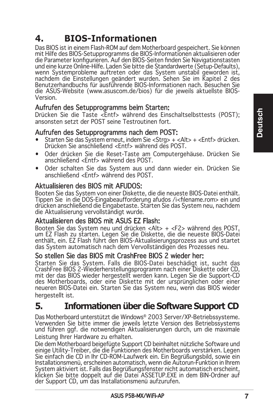 Bios-informationen, Informationen über die software support cd, Deutsch | Asus P5B-MX/WIFI-AP User Manual | Page 7 / 38