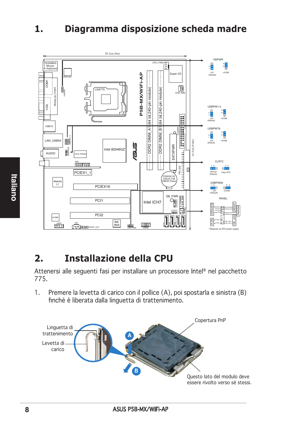 Italiano, Asus p5b-mx/wifi-ap, P5b-mx/wifi-ap | Intel ich7 | Asus P5B-MX/WIFI-AP User Manual | Page 8 / 38