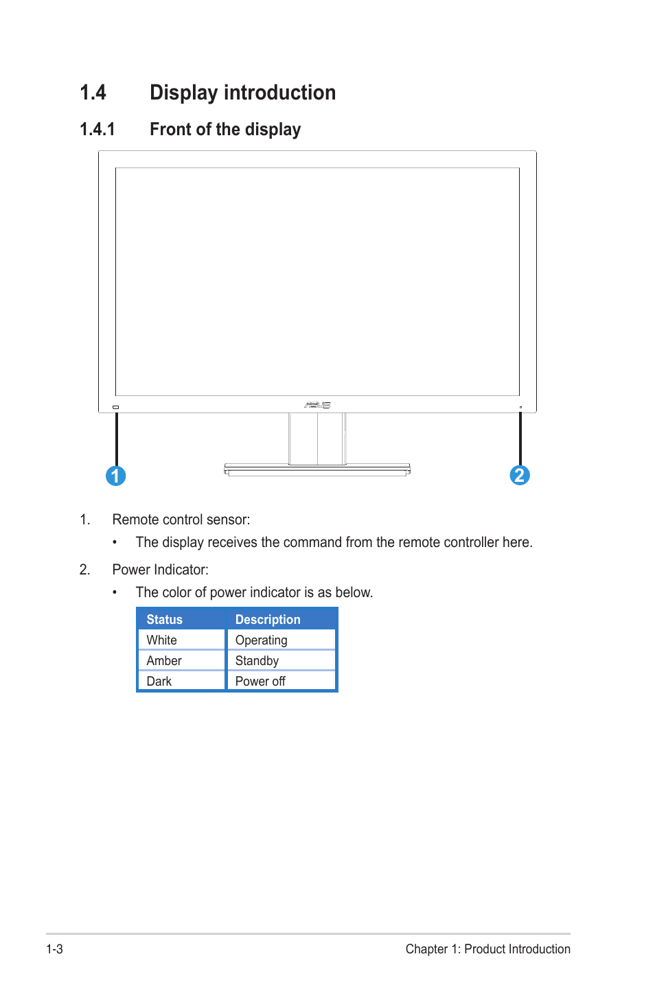 4 display introduction, 1 front of the display, Display introduction -3 | Front of the display -3 | Asus SD222-YA User Manual | Page 10 / 24