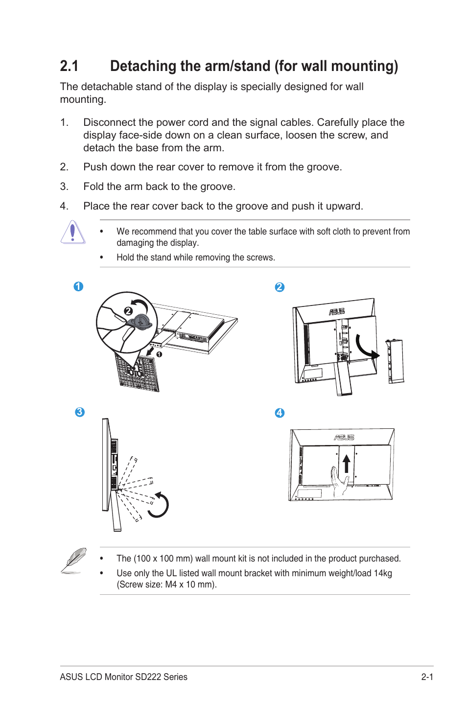 1 detaching the arm/stand (for wall mounting), Detaching the arm/stand (for wall mounting) -1 | Asus SD222-YA User Manual | Page 12 / 24