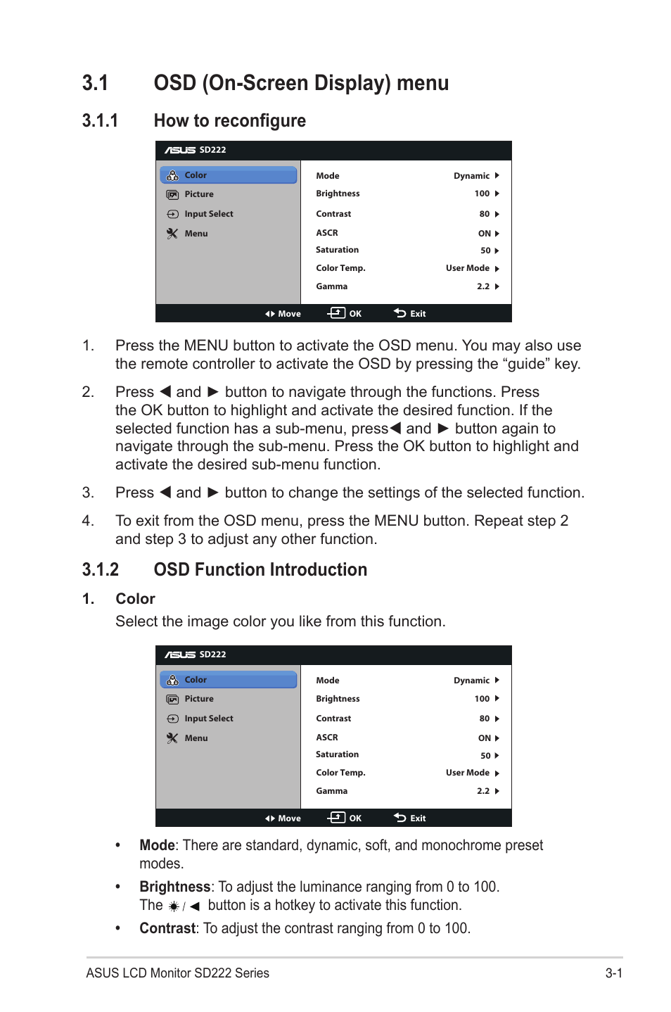 1 osd (on-screen display) menu, 1 how to reconfigure, 2 osd function introduction | Osd (on-screen display) menu -1, How to reconfigure -1, Osd function introduction -1 | Asus SD222-YA User Manual | Page 14 / 24