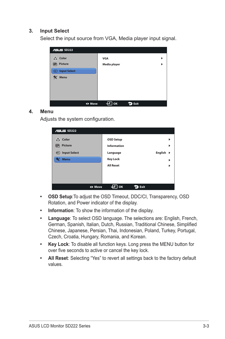 Menu adjusts the system configuration | Asus SD222-YA User Manual | Page 16 / 24