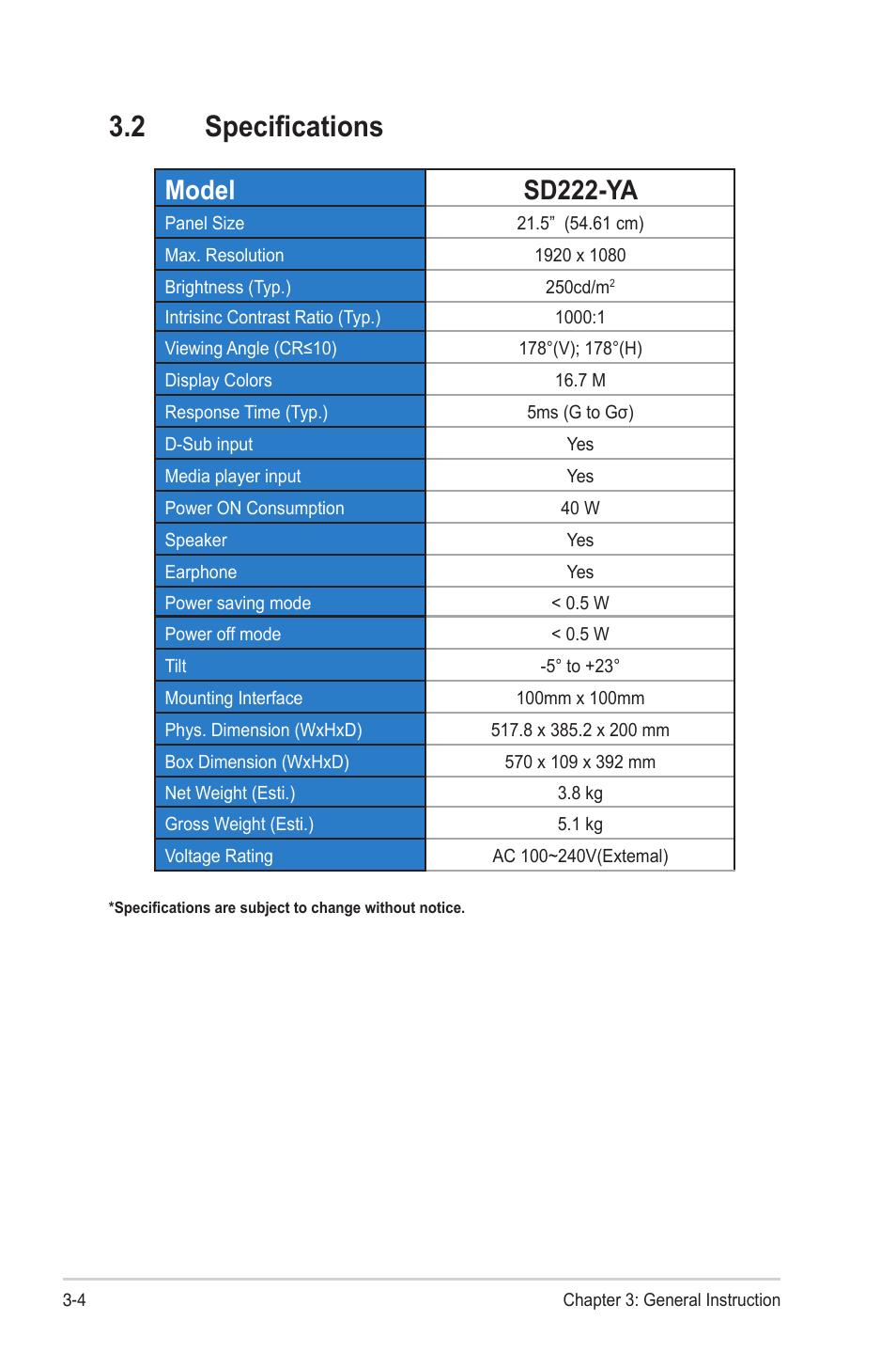 2 specifications, Specifications -4, Model sd222-ya | Asus SD222-YA User Manual | Page 17 / 24