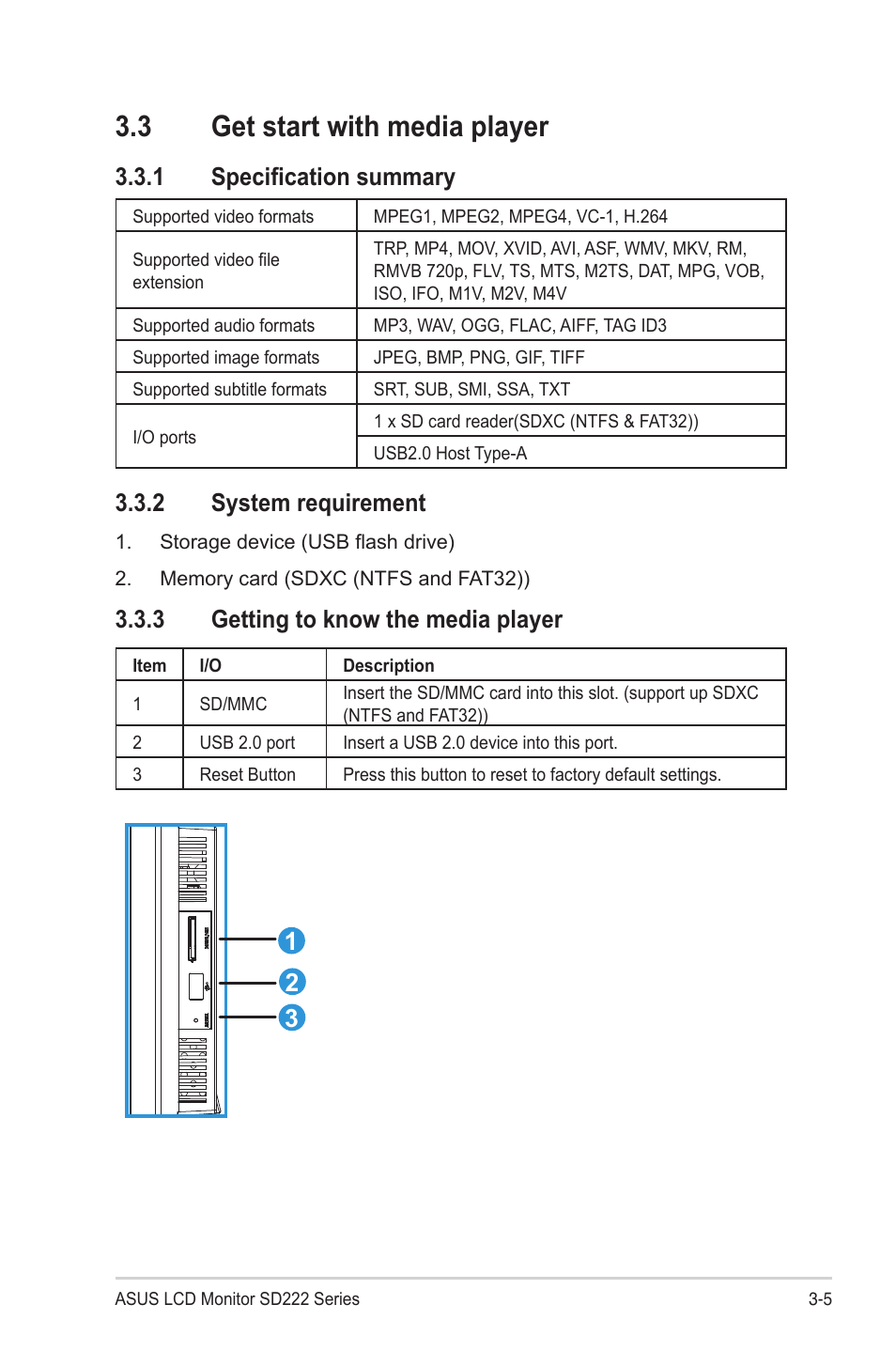 3 get start with media player, 1 specification summary, 2 system requirement | 3 getting to know the media player, Get start with media player -5, Specification summary -5, System requirement -5, Getting to know the media player -5 | Asus SD222-YA User Manual | Page 18 / 24