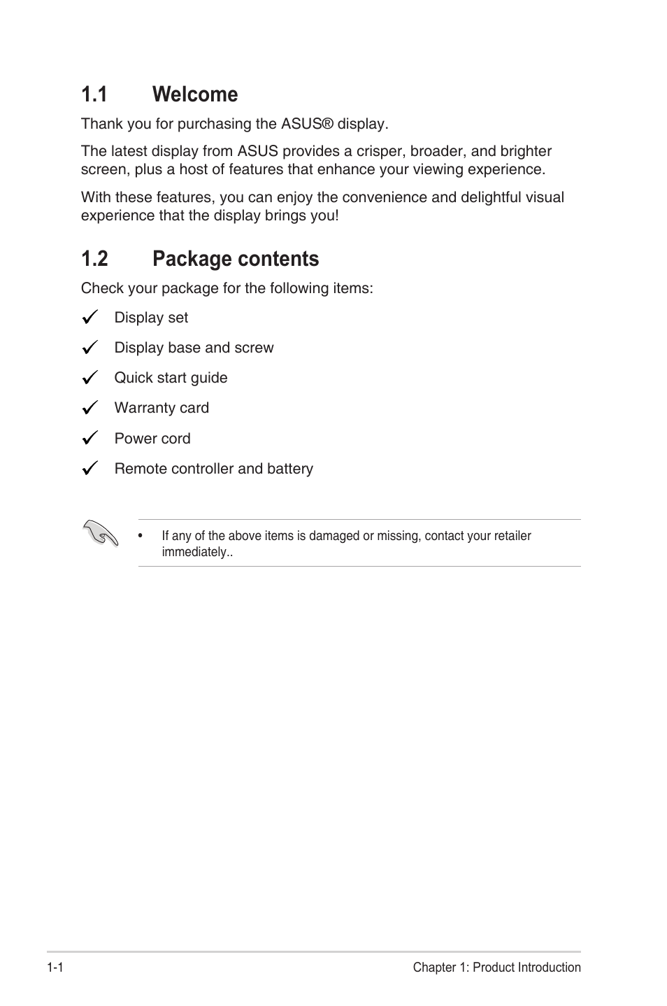 1 welcome, 2 package contents, 1 welcome -1 1.2 | Package contents -1 | Asus SD222-YA User Manual | Page 8 / 24