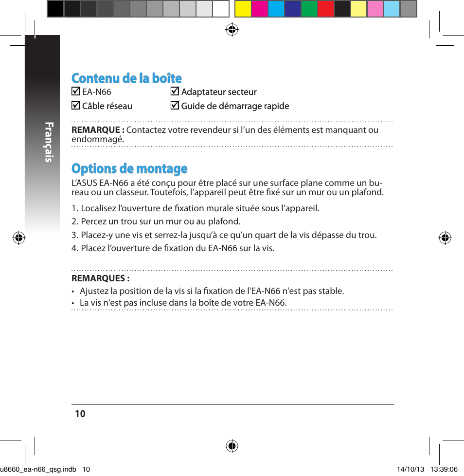 Contenu de la boîte, Options de montage, Franç ais | Asus EA-N66 User Manual | Page 10 / 178