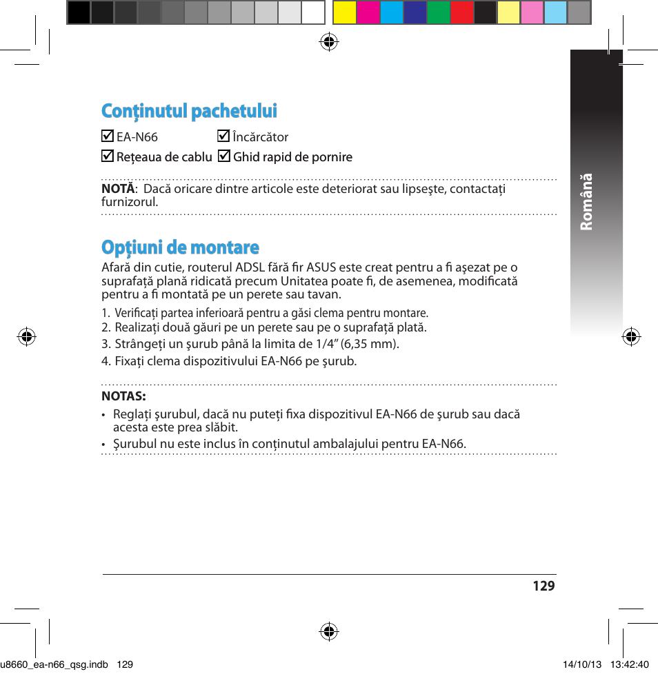 Conţinutul pachetului, Opţiuni de montare, Română | Asus EA-N66 User Manual | Page 129 / 178