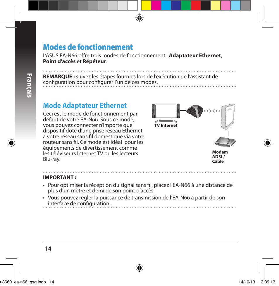 Modes de fonctionnement, Mode adaptateur ethernet, Franç ais | Asus EA-N66 User Manual | Page 14 / 178