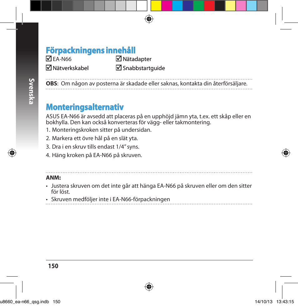 Förpackningens, Innehåll, Monteringsalternativ | Asus EA-N66 User Manual | Page 150 / 178