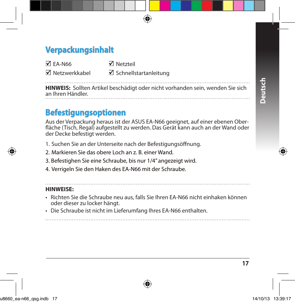 Befestigungsoptionen, Verpackungsinhalt, Deutsch | Asus EA-N66 User Manual | Page 17 / 178