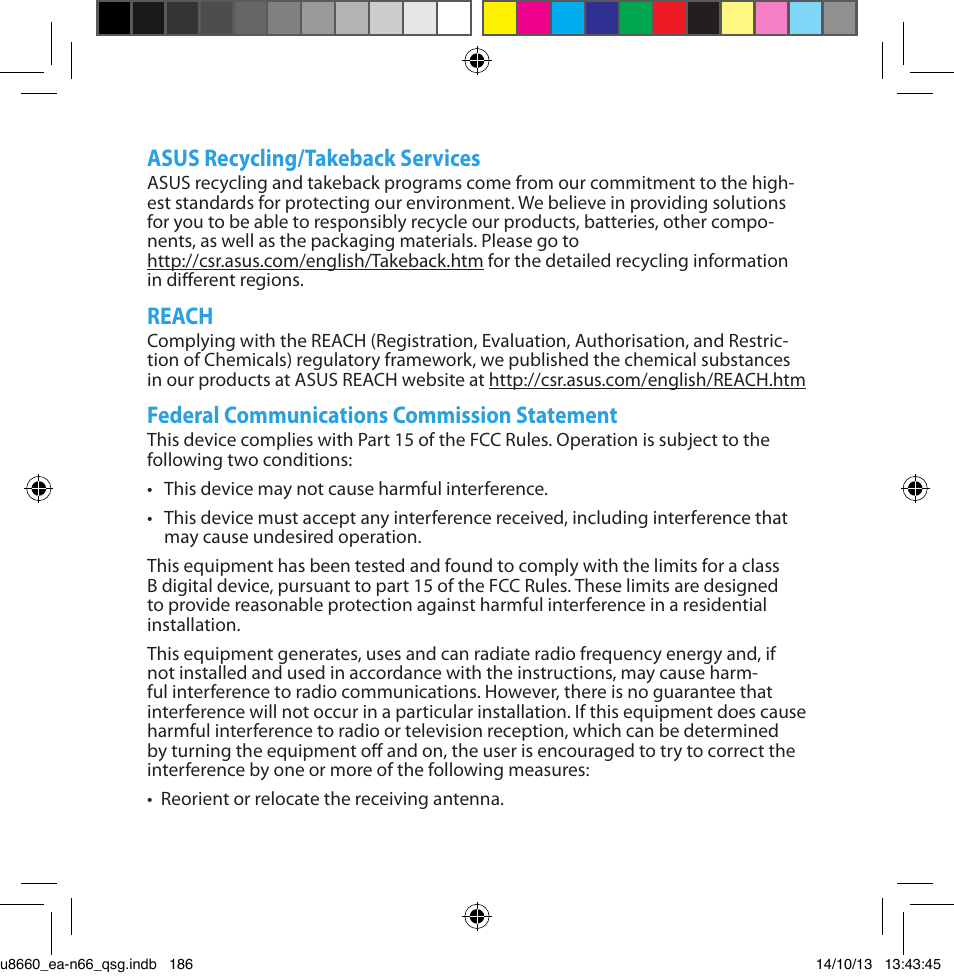 Asus recycling/takeback services, Reach, Federal communications commission statement | Asus EA-N66 User Manual | Page 172 / 178