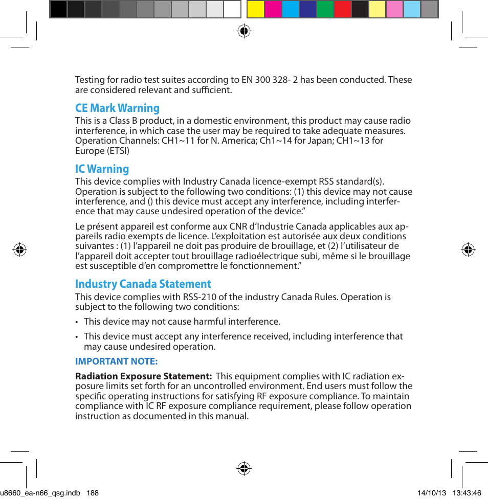 Ce mark warning, Ic warning, Industry canada statement | Asus EA-N66 User Manual | Page 174 / 178
