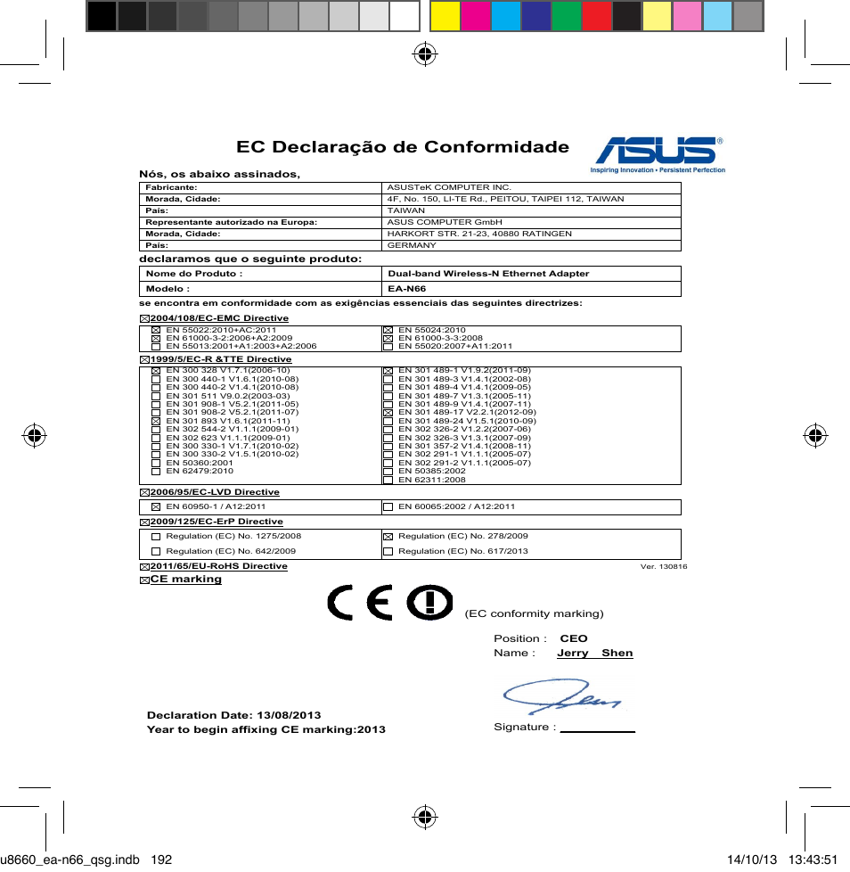 Ec declaração de conformidade | Asus EA-N66 User Manual | Page 178 / 178