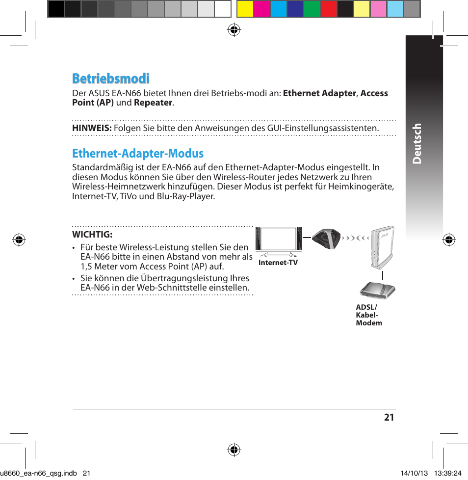 Betriebsmodi, Ethernet-adapter-modus, Deutsch | Asus EA-N66 User Manual | Page 21 / 178