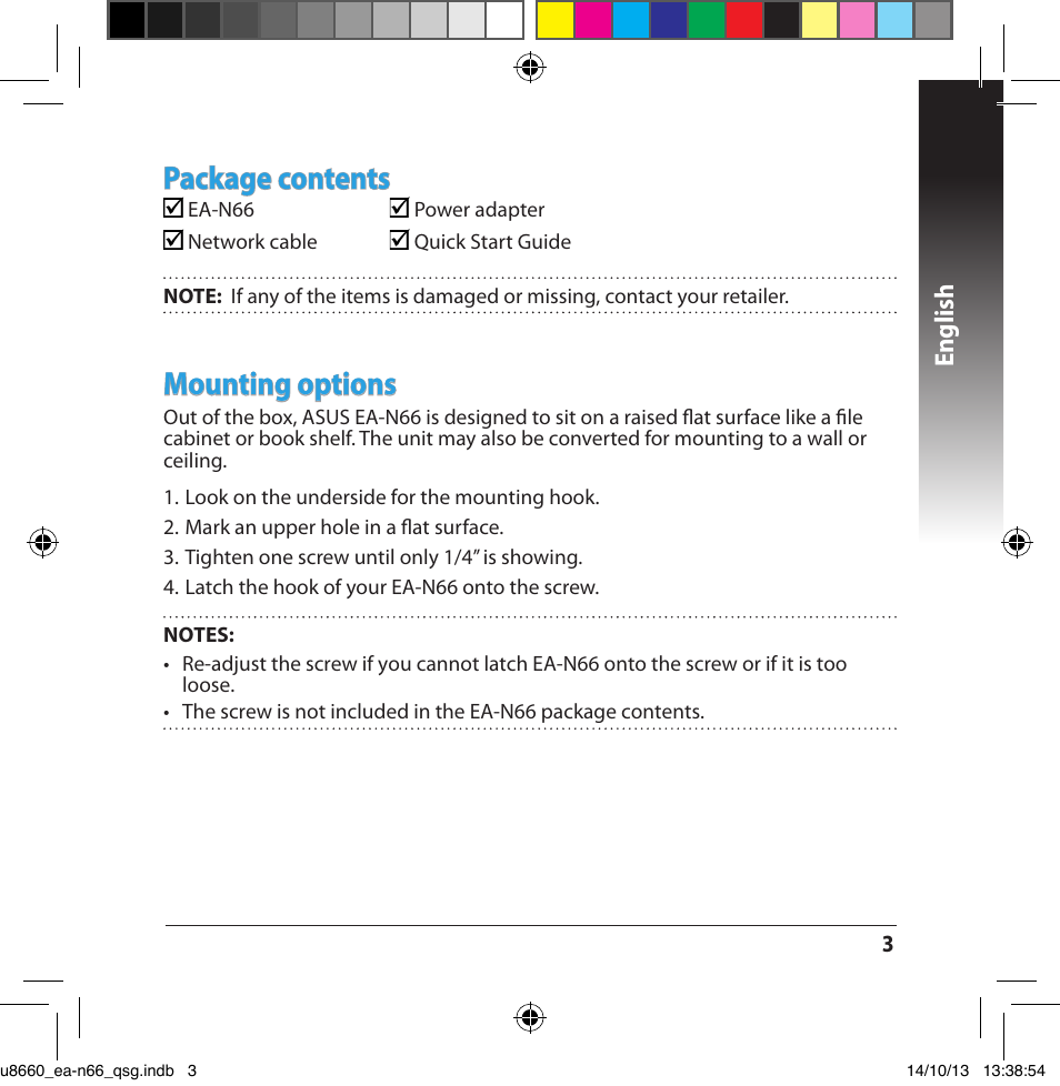 Package contents, Mounting options, English | Asus EA-N66 User Manual | Page 3 / 178