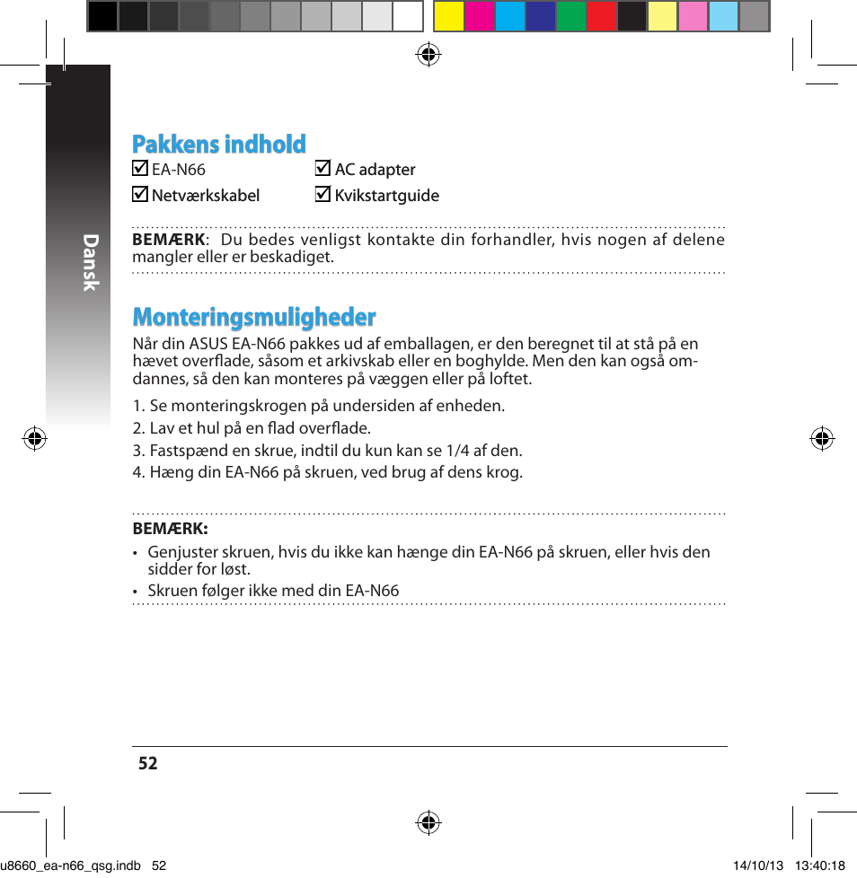 Pakkens indhold, Monteringsmuligheder, Dansk | Asus EA-N66 User Manual | Page 52 / 178