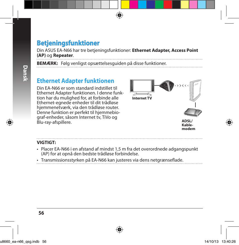 Betjeningsfunktioner, Ethernet adapter funktionen, Dansk | Asus EA-N66 User Manual | Page 56 / 178