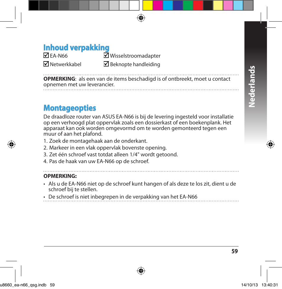 Neder lands, Inhoud verpakking, Montageopties | Asus EA-N66 User Manual | Page 59 / 178