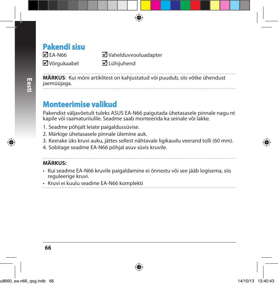 Pakendi sisu, Monteerimise valikud, Eesti | Asus EA-N66 User Manual | Page 66 / 178