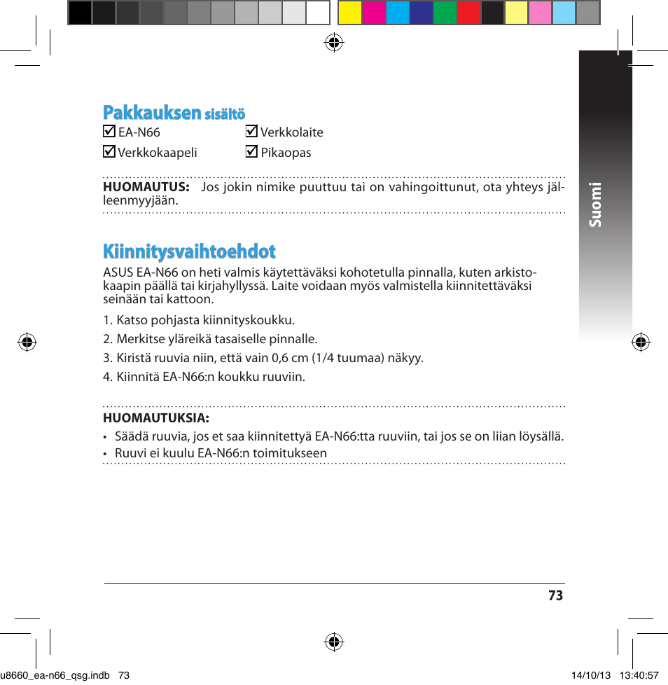 Pakkauksen, Kiinnitysvaihtoehdot, Suomi | Asus EA-N66 User Manual | Page 73 / 178