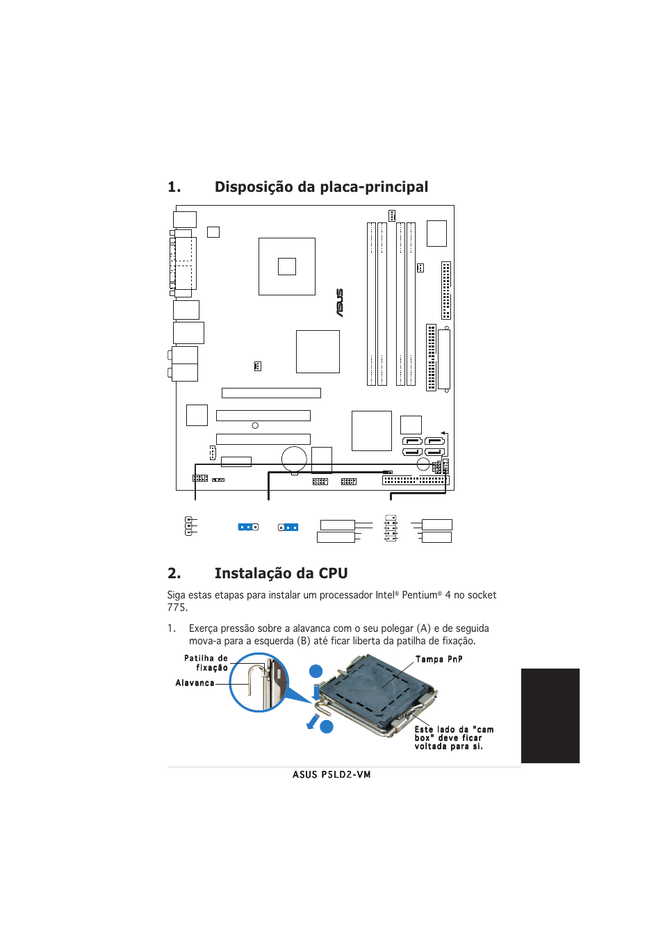 Instalação da cpu, Disposição da placa-principal, Portugu ê s | Pentium | Asus P5LD2-VM User Manual | Page 17 / 20