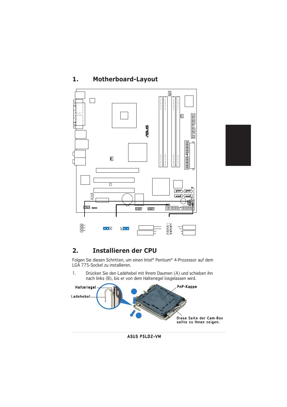 Installieren der cpu, Motherboard-layout, Deutsch | Folgen sie diesen schritten, um einen intel, Pentium | Asus P5LD2-VM User Manual | Page 5 / 20