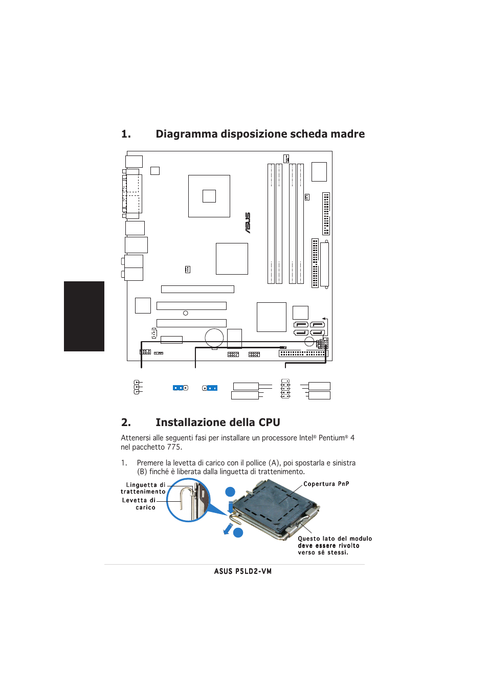 Installazione della cpu, Diagramma disposizione scheda madre, Italiano | Pentium | Asus P5LD2-VM User Manual | Page 8 / 20