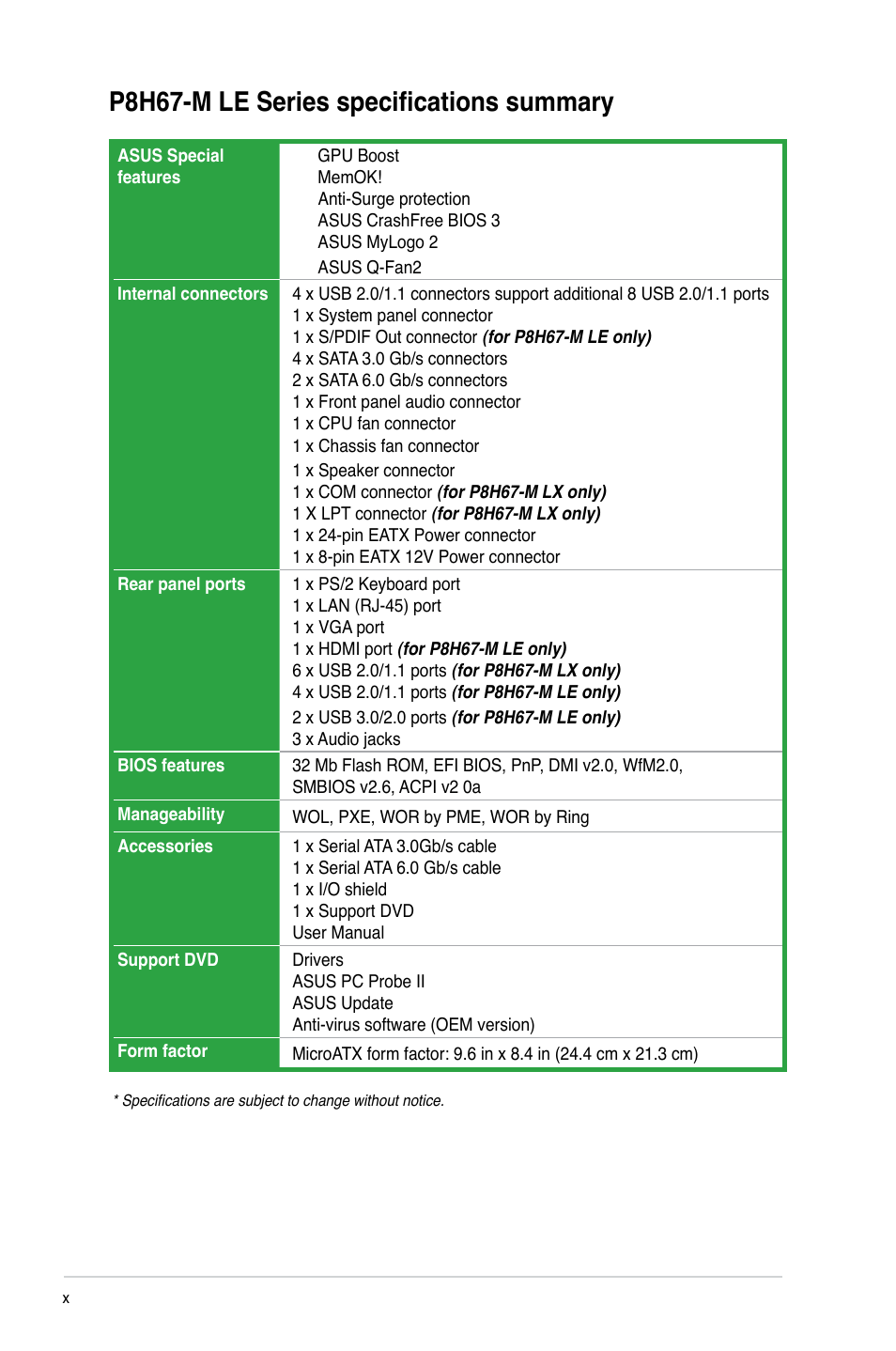 P8h67-m le series specifications summary | Asus P8H67-M LX User Manual | Page 10 / 58