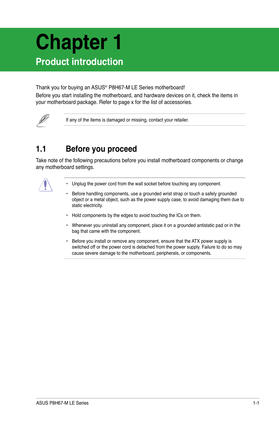 Chapter 1: product introduction, 1 before you proceed, Product introduction | Before you proceed -1, Chapter 1 | Asus P8H67-M LX User Manual | Page 11 / 58