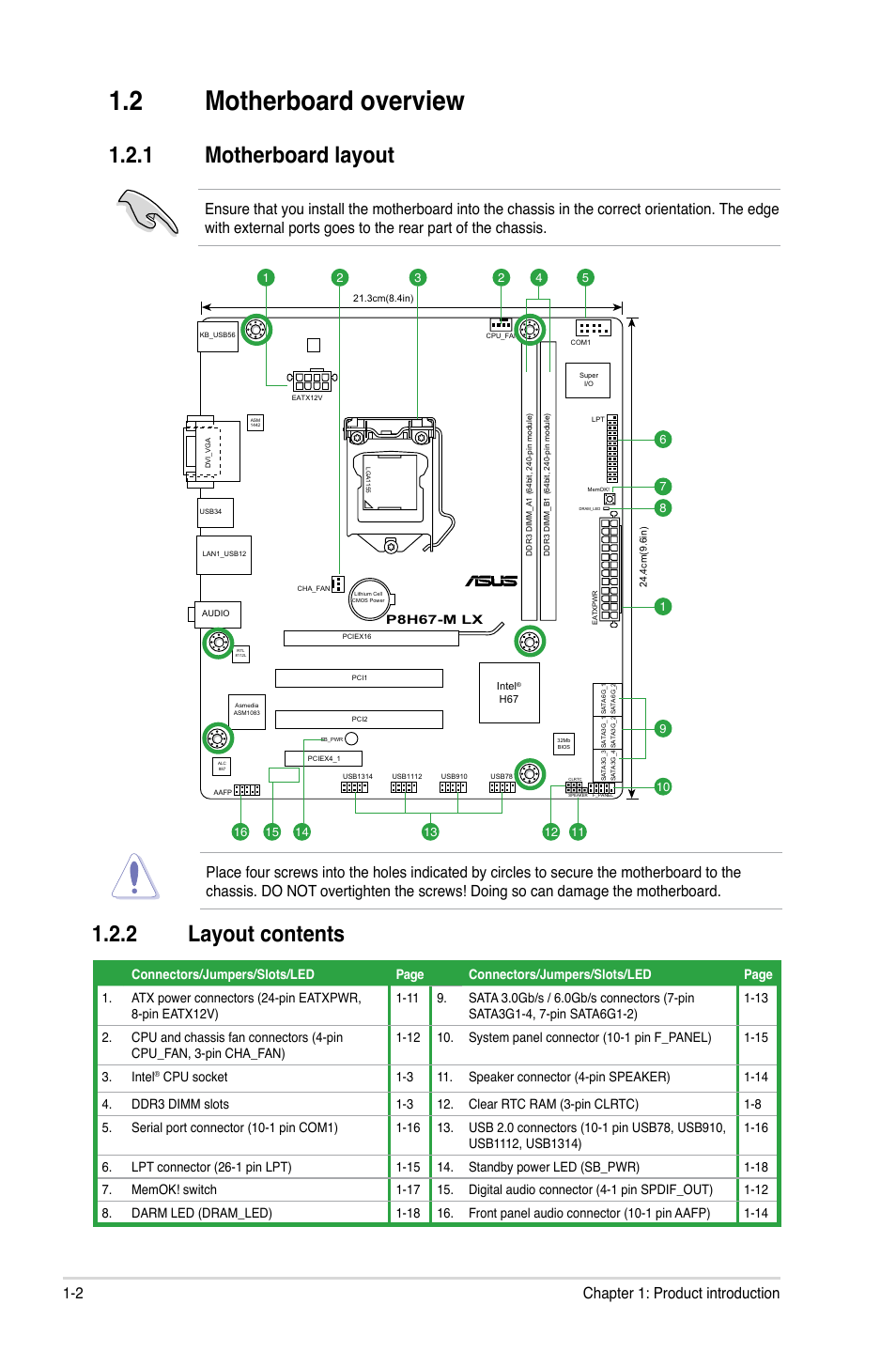 2 motherboard overview, 1 motherboard layout, 2 layout contents | Motherboard overview -2 1.2.1, Motherboard layout -2, Layout contents -2, 2 chapter 1: product introduction | Asus P8H67-M LX User Manual | Page 12 / 58