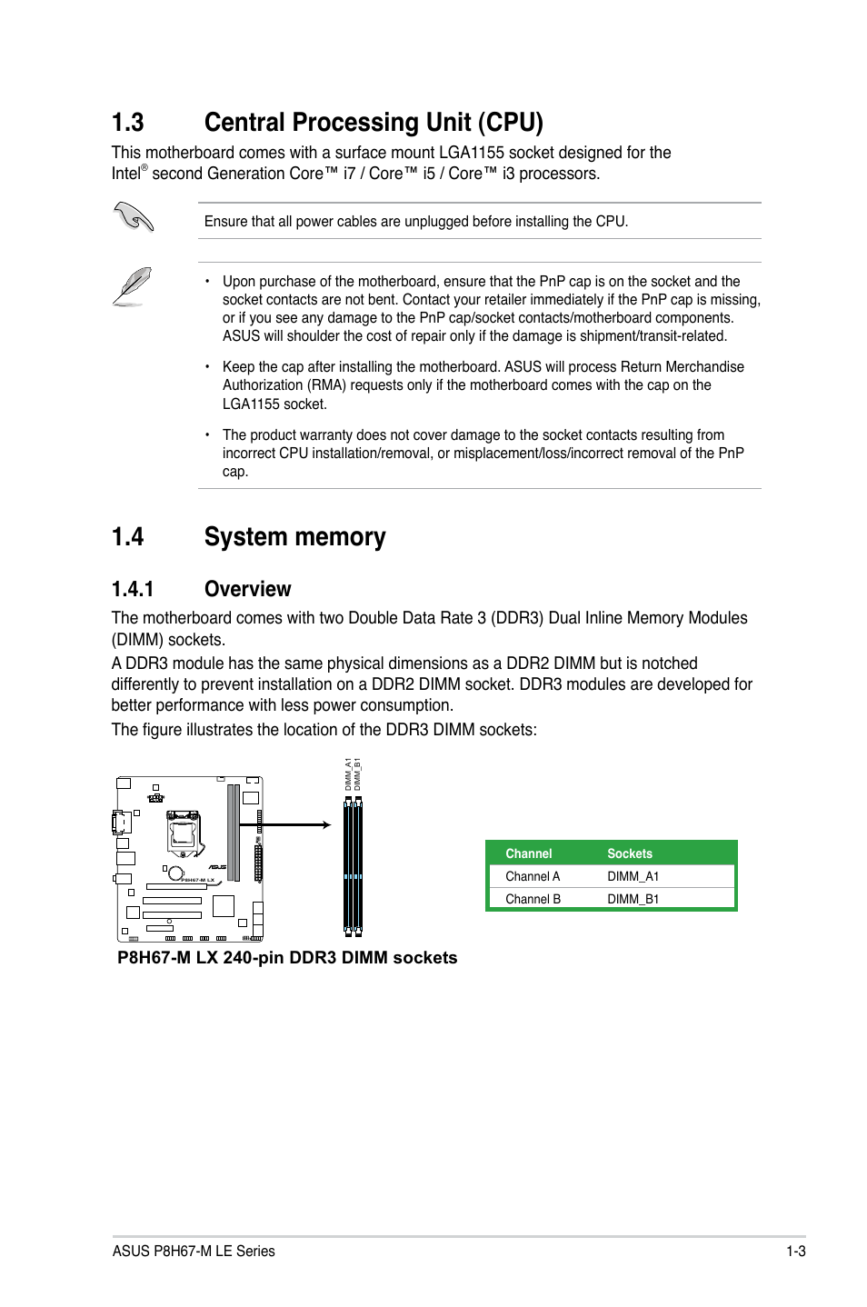 3 central processing unit (cpu), 4 system memory, 1 overview | Central processing unit (cpu) -3, System memory -3 1.4.1, Overview -3 | Asus P8H67-M LX User Manual | Page 13 / 58